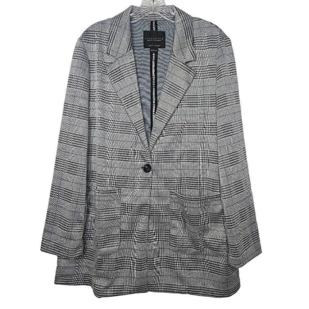 NEW Sanctuary Plaid Gray Black Blue Blazer Long Sleeves Size Large